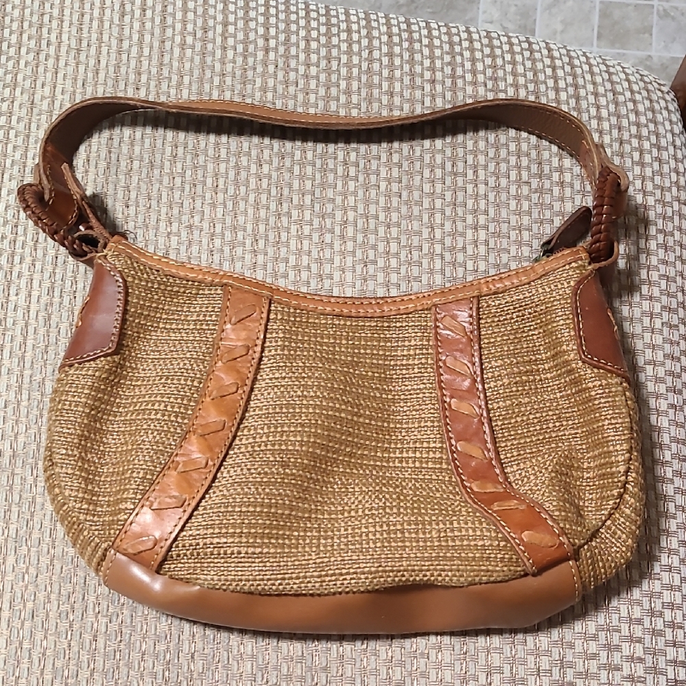 Vintage Fossil Small Purse Tan Woven Shoulder Bag Pocketbook Zipper Close